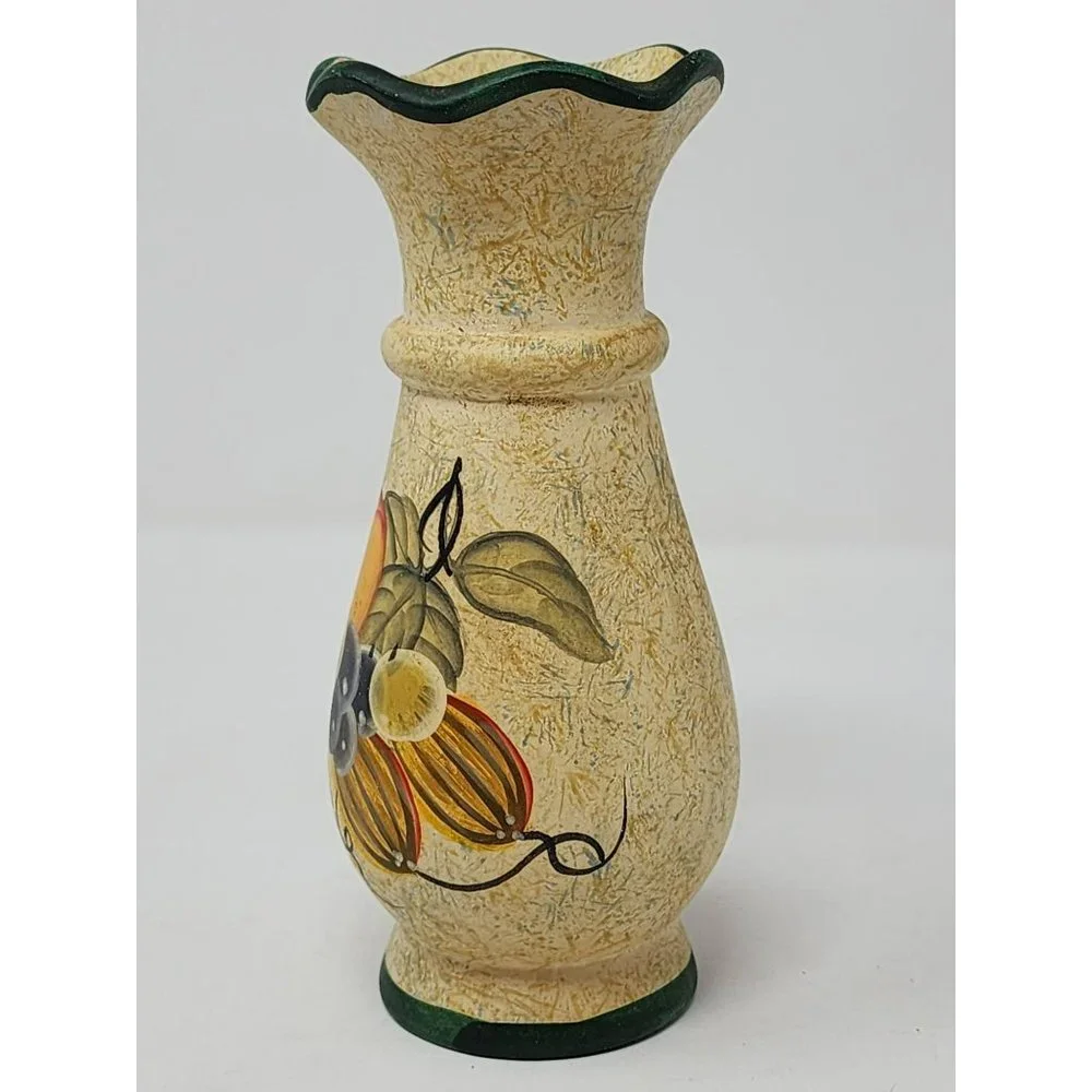 Vintage K's Collection Ceramic Vase Painted Fruit‎ Gold With Black Trim